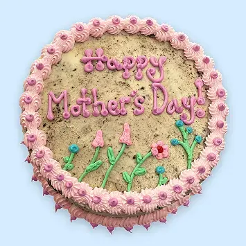 Happy Mother's Day! and flowers drawn in icing on a circular ice cream cake